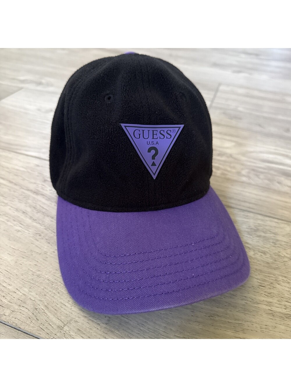 Guess Black Purple Fleece Triangle Logo Hat Adjustable Dad Cap Soft